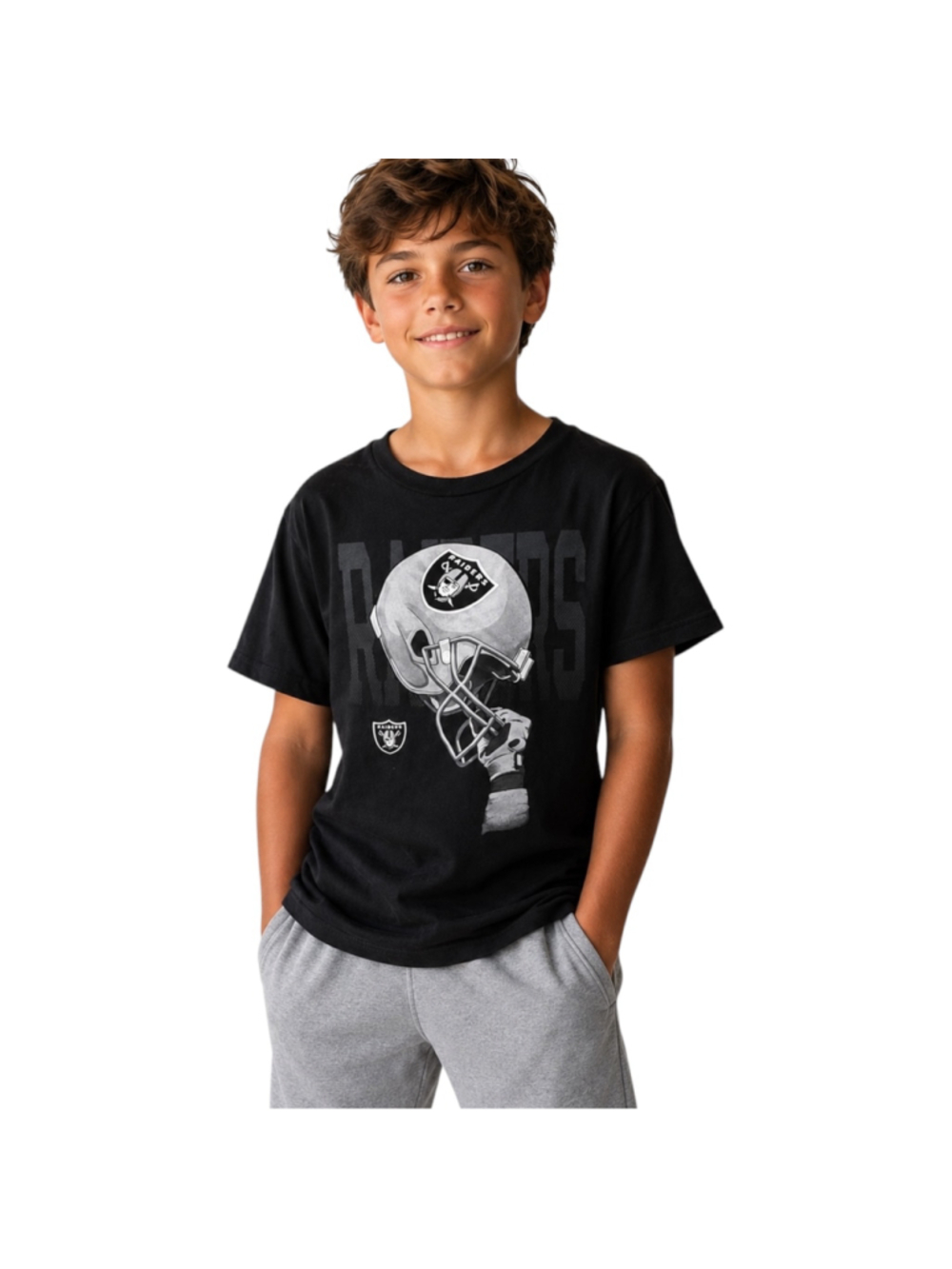 NFL Las Vegas Raiders Youth Graphic Helmet T-Shirt Black Size L/ 7 Football Tee